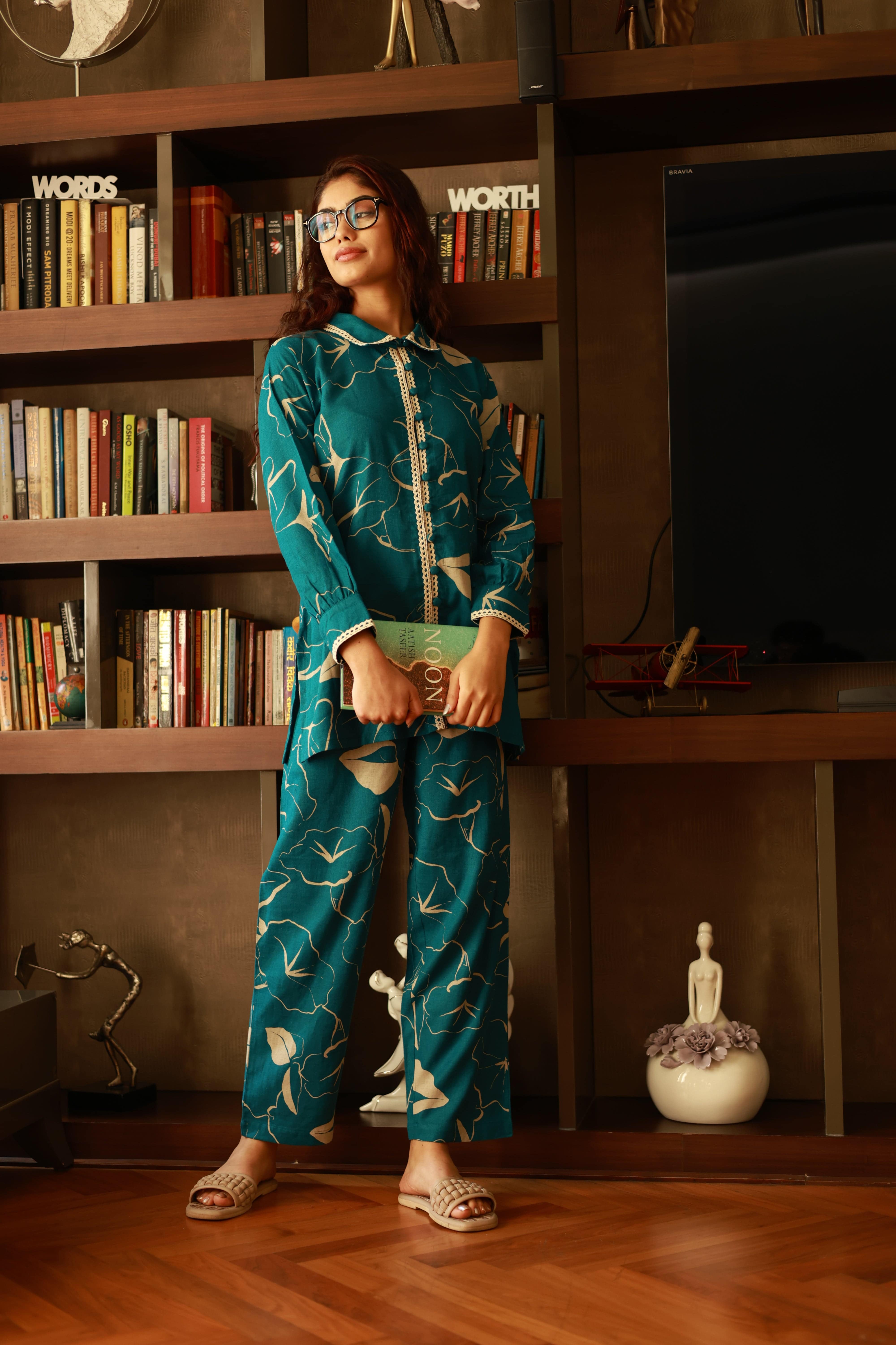Peacock Blue abstract Print Coord Set - Visramaa