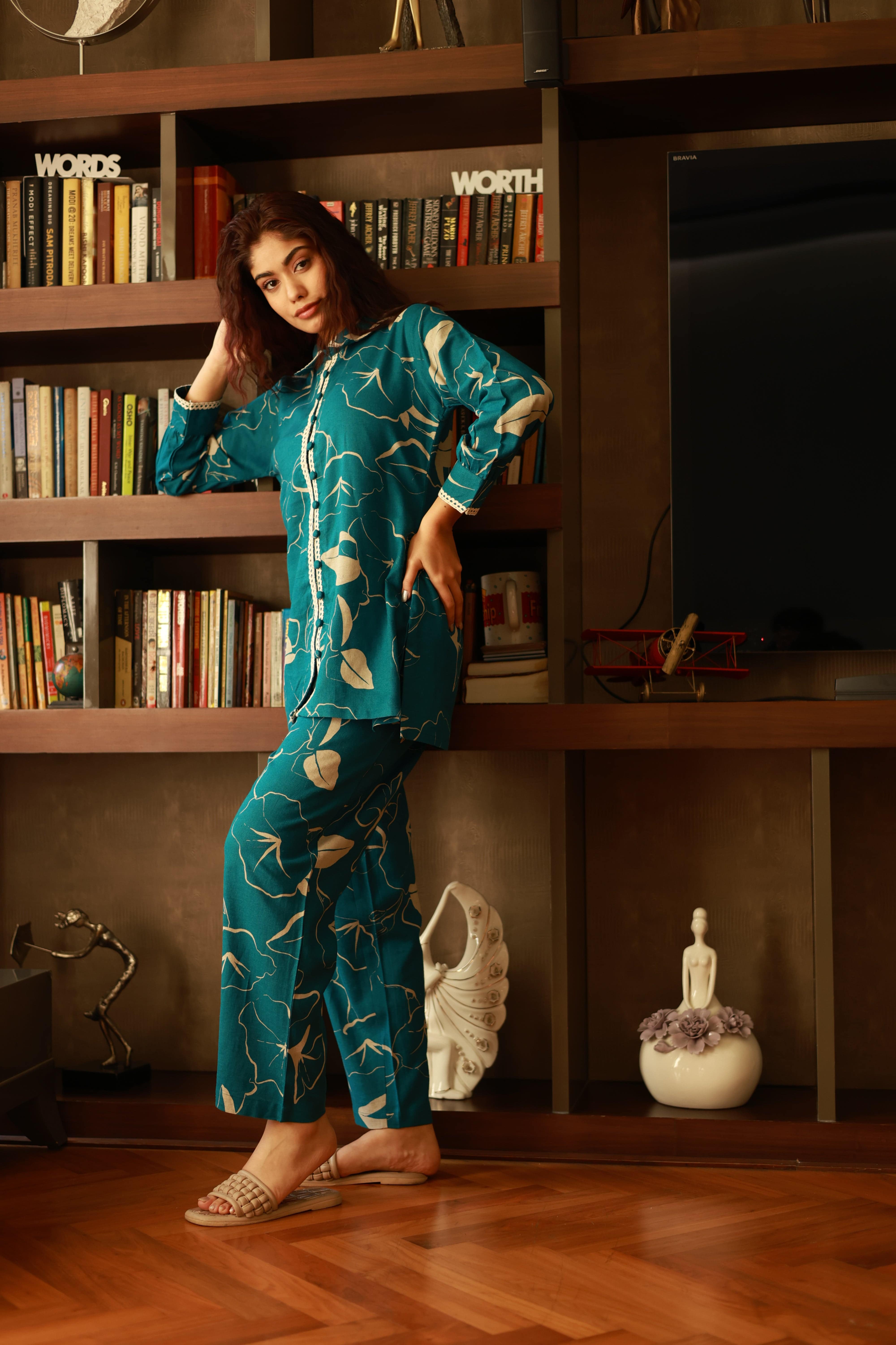 Peacock Blue abstract Print Coord Set - Visramaa