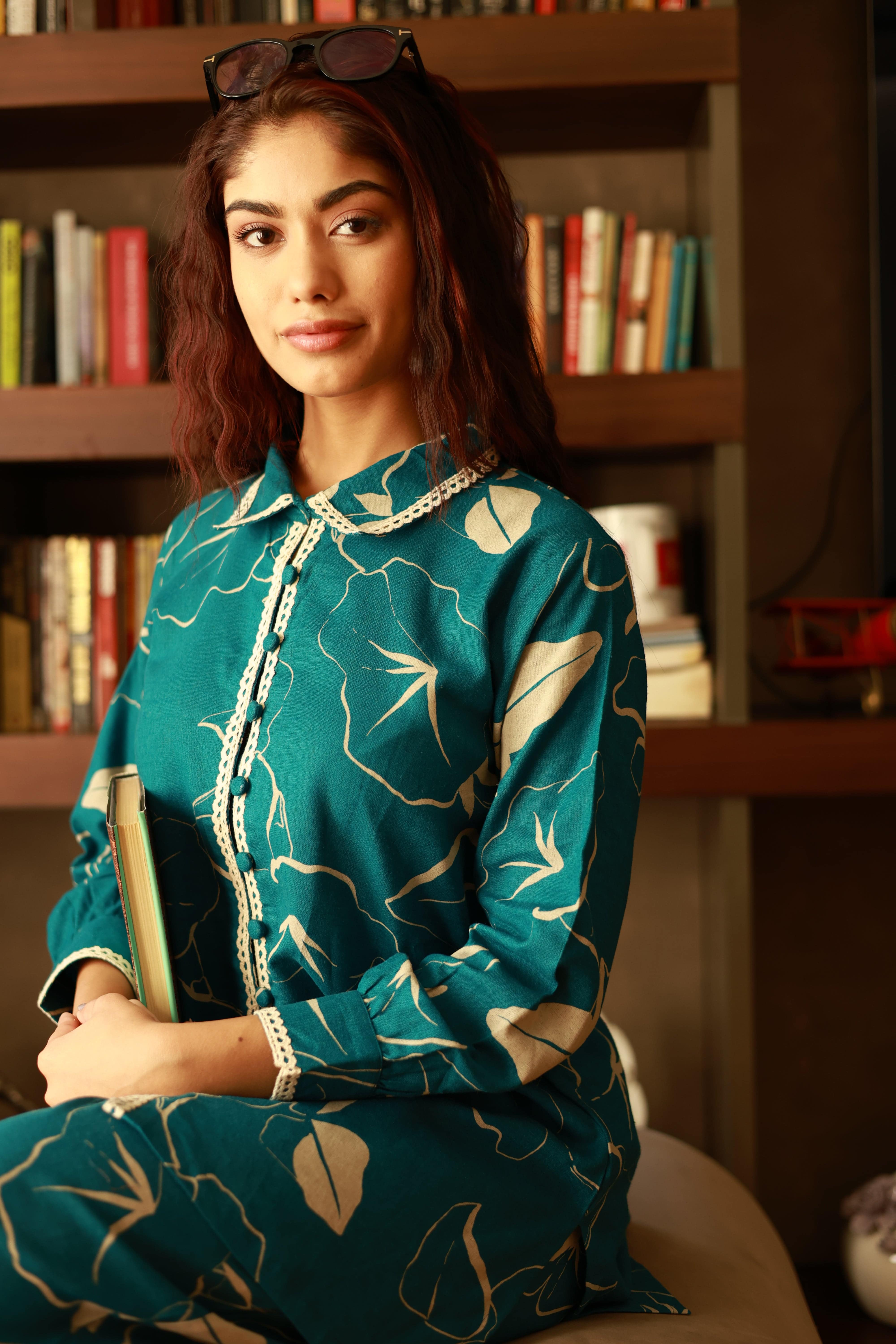 Peacock Blue abstract Print Coord Set - Visramaa