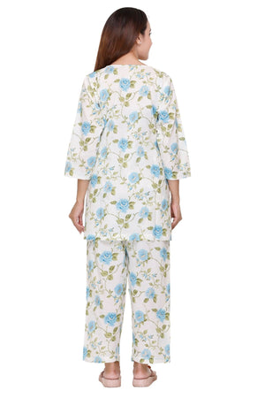 Sky Blue Flower Printed Night Suit - Visramaa