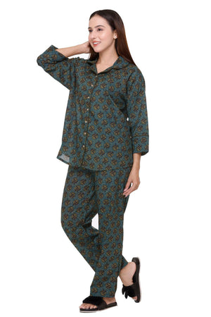 Peacock green with mustard flowers Night Suit - Visramaa