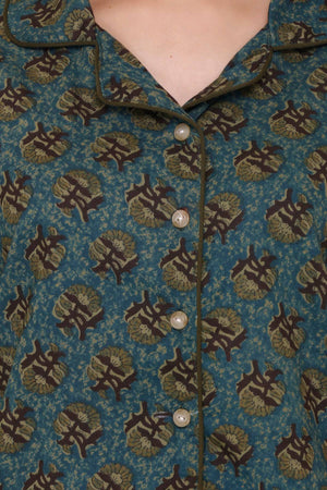 Peacock green with mustard flowers Night Suit - Visramaa