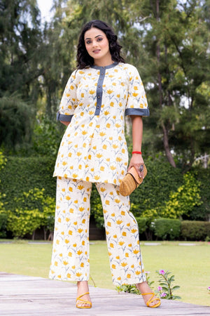 Beige Yellow Floral Printed Coord set - Visramaa
