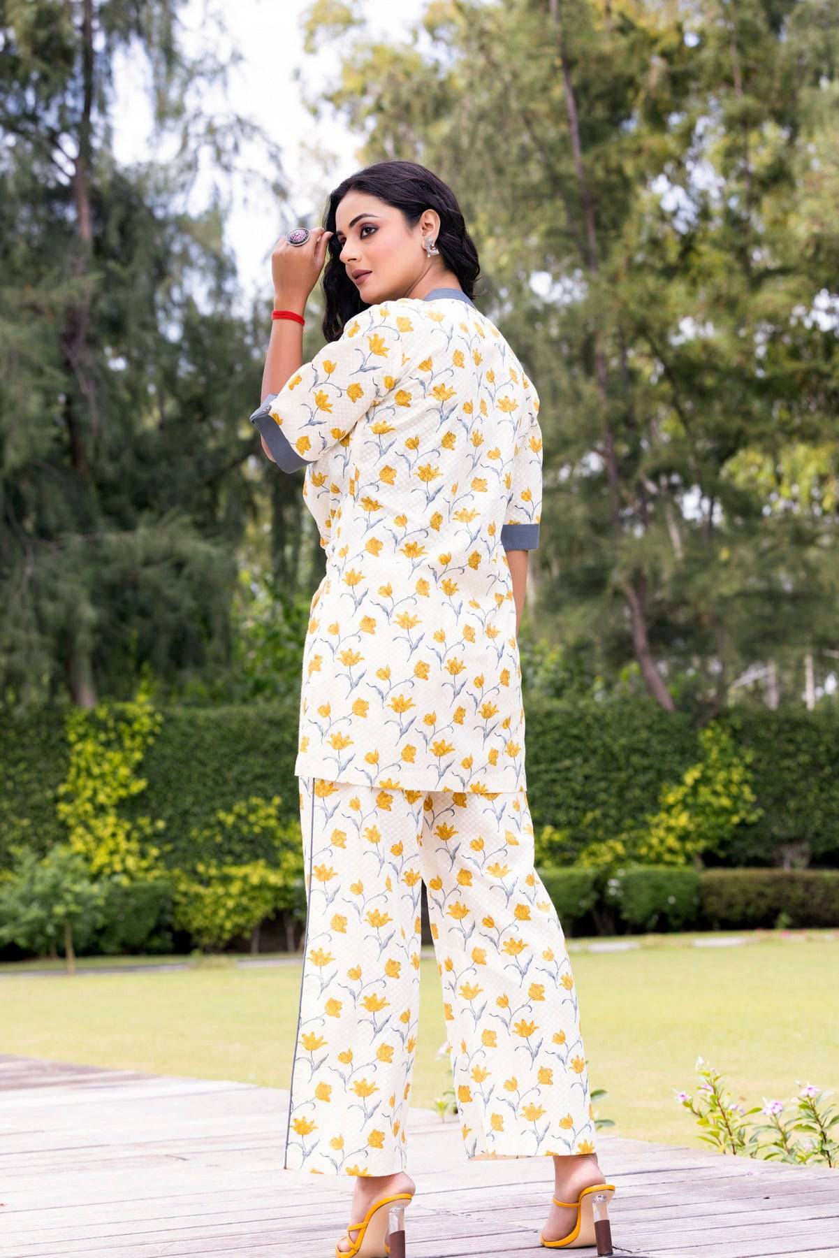 Beige Yellow Floral Printed Coord set - Visramaa