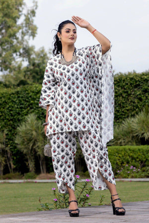 White Kaftan Style Printed Coordset - Visramaa