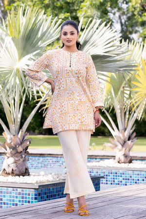 White & Orange Floral Printed Linen Coordset - Visramaa