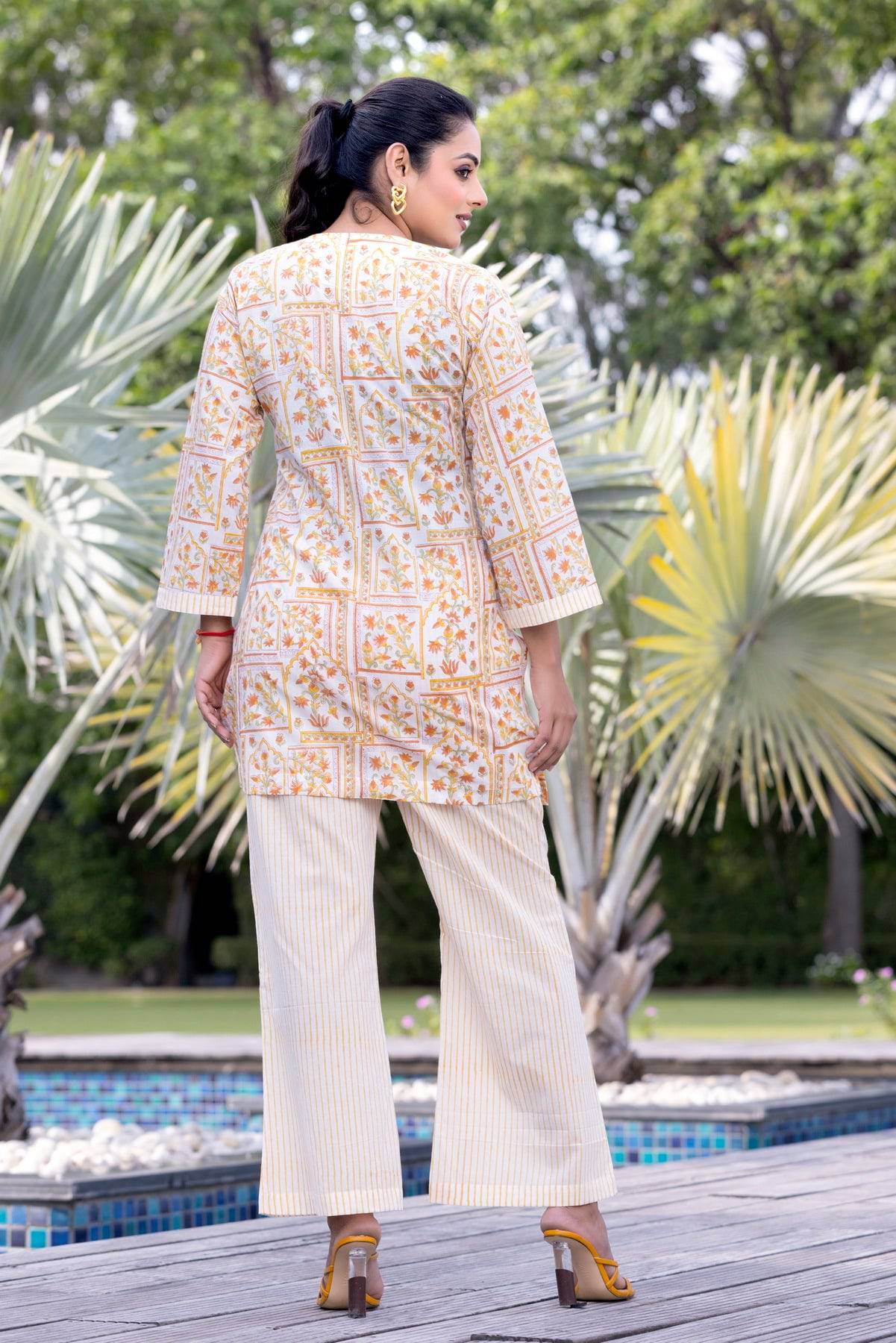 White & Orange Floral Printed Linen Coordset - Visramaa