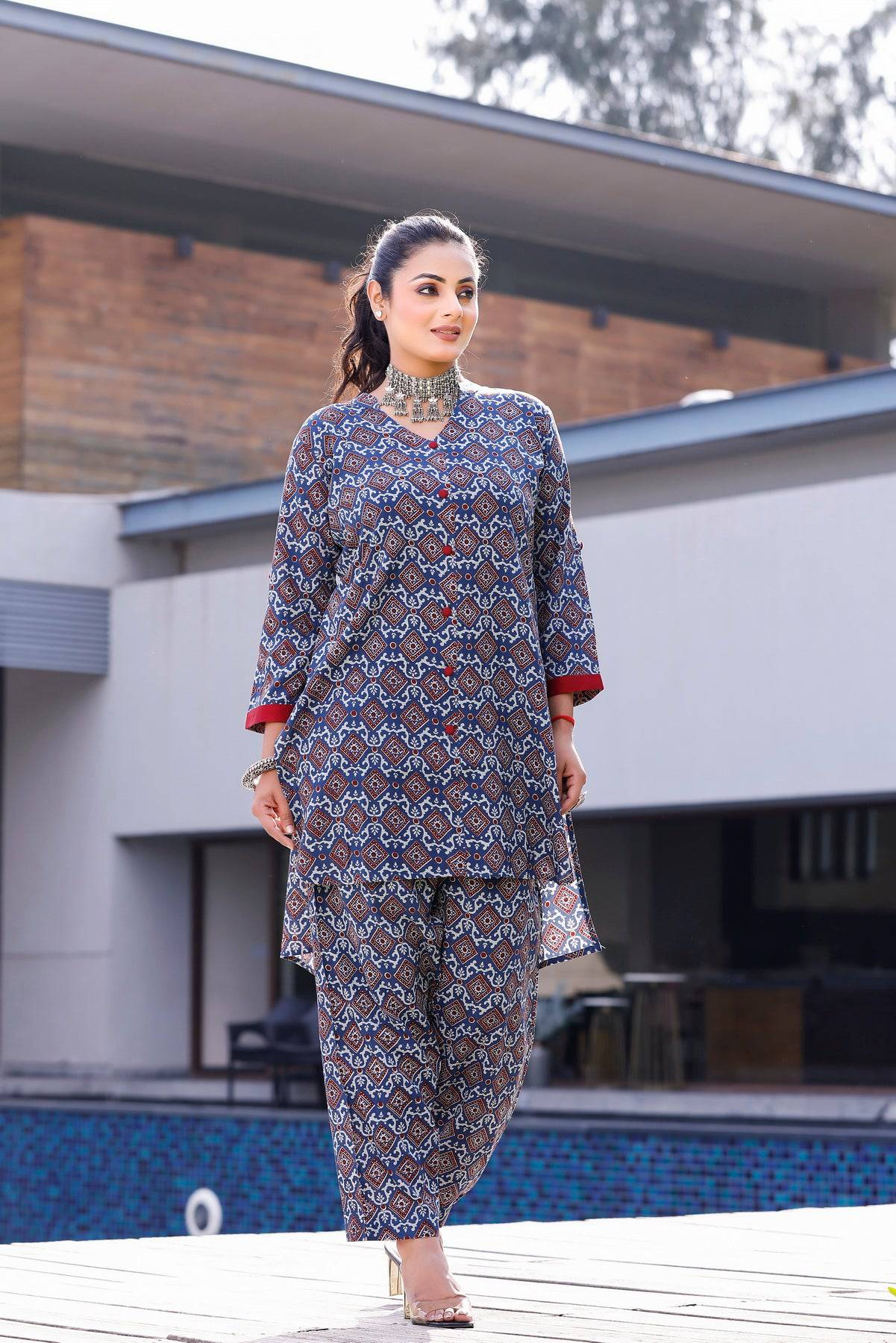 Ajrak Print Blue & Red Coordset - Visramaa