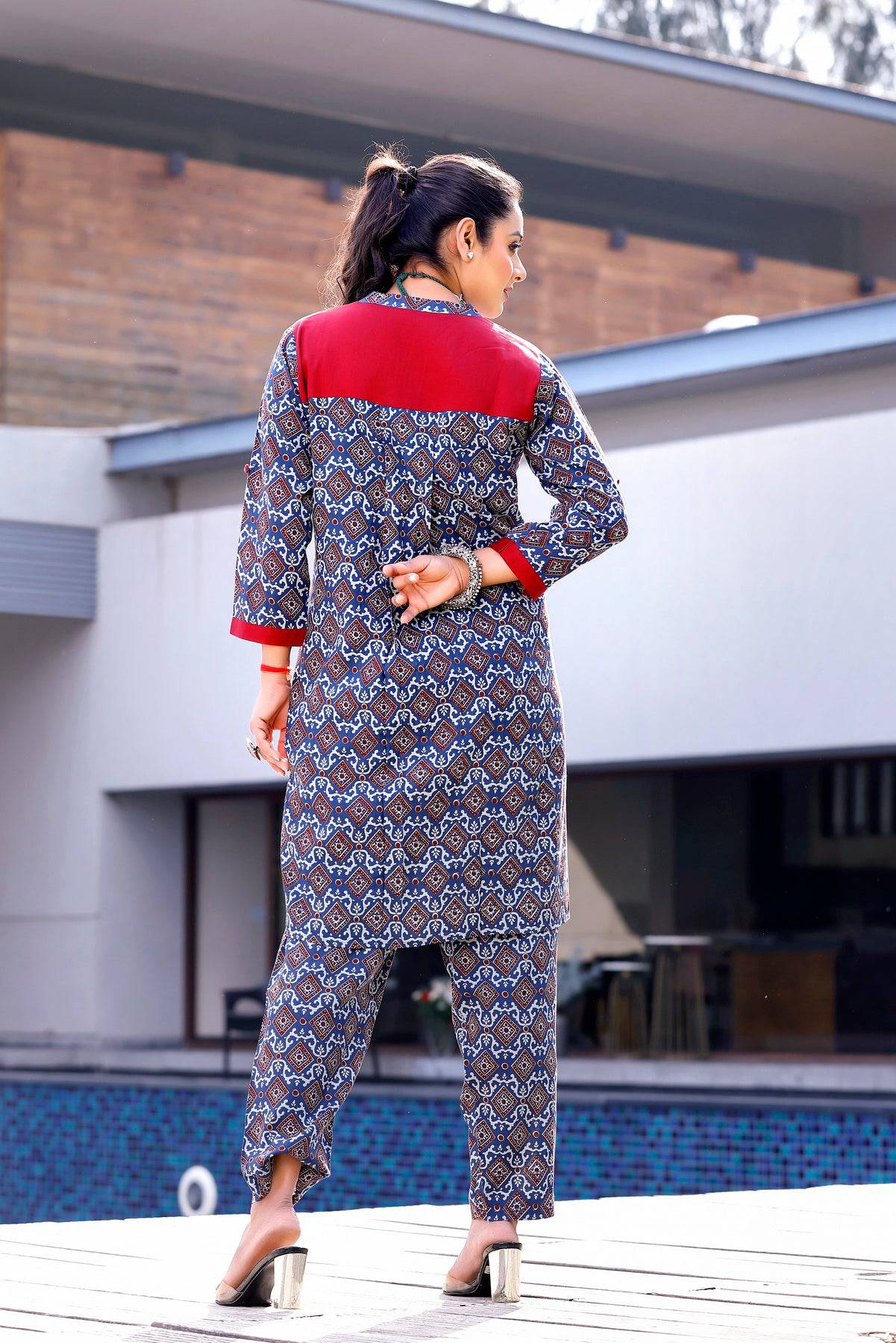 Ajrak Print Blue & Red Coordset - Visramaa