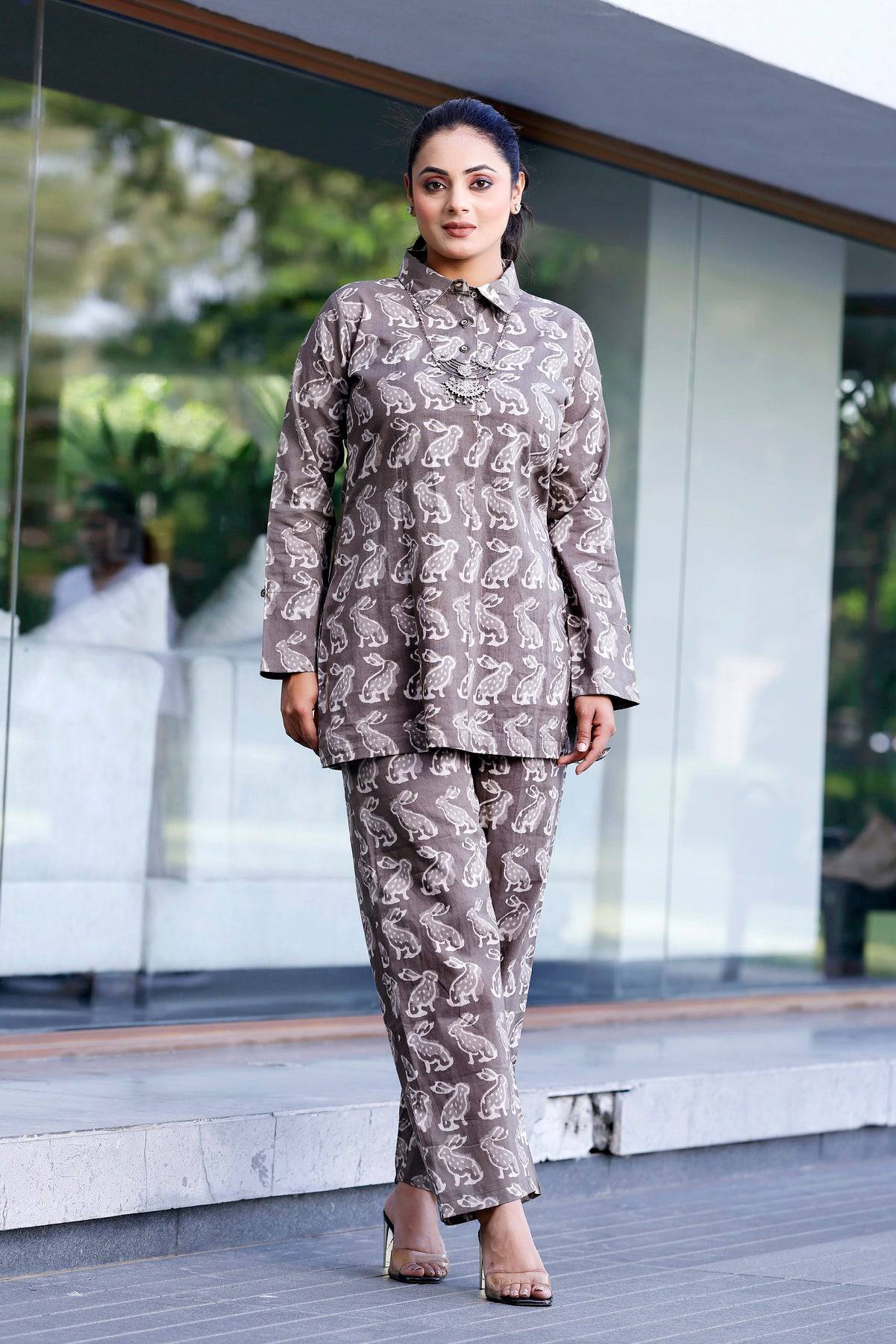 Rabbit Print Smart Grey color Coordset - Visramaa