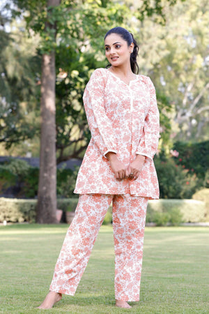 Orange Flower printed Night suit - Visramaa