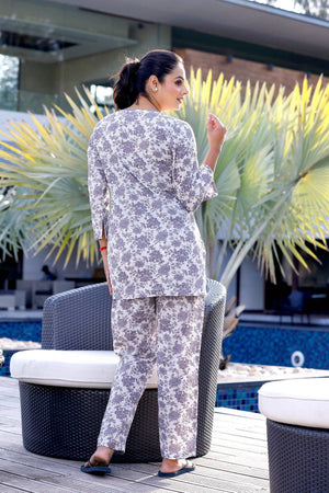 Front Pleating Floral White-Grey printed Night suit - Visramaa