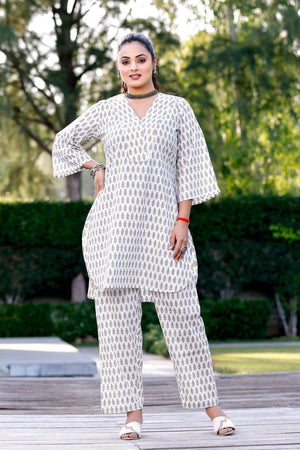 V neck White-Grey Floral print Coordset - Visramaa