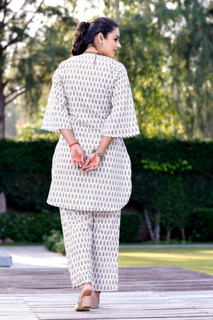 V neck White-Grey Floral print Coordset - Visramaa