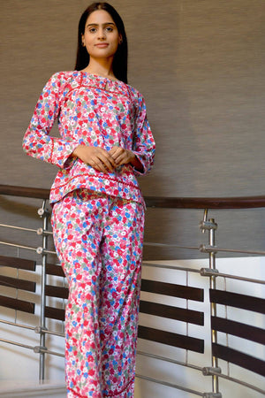 Pink Floral Printed Night Suit - Visramaa