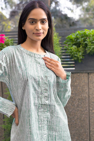 Frill Style Green Stripe Night Suit - Visramaa