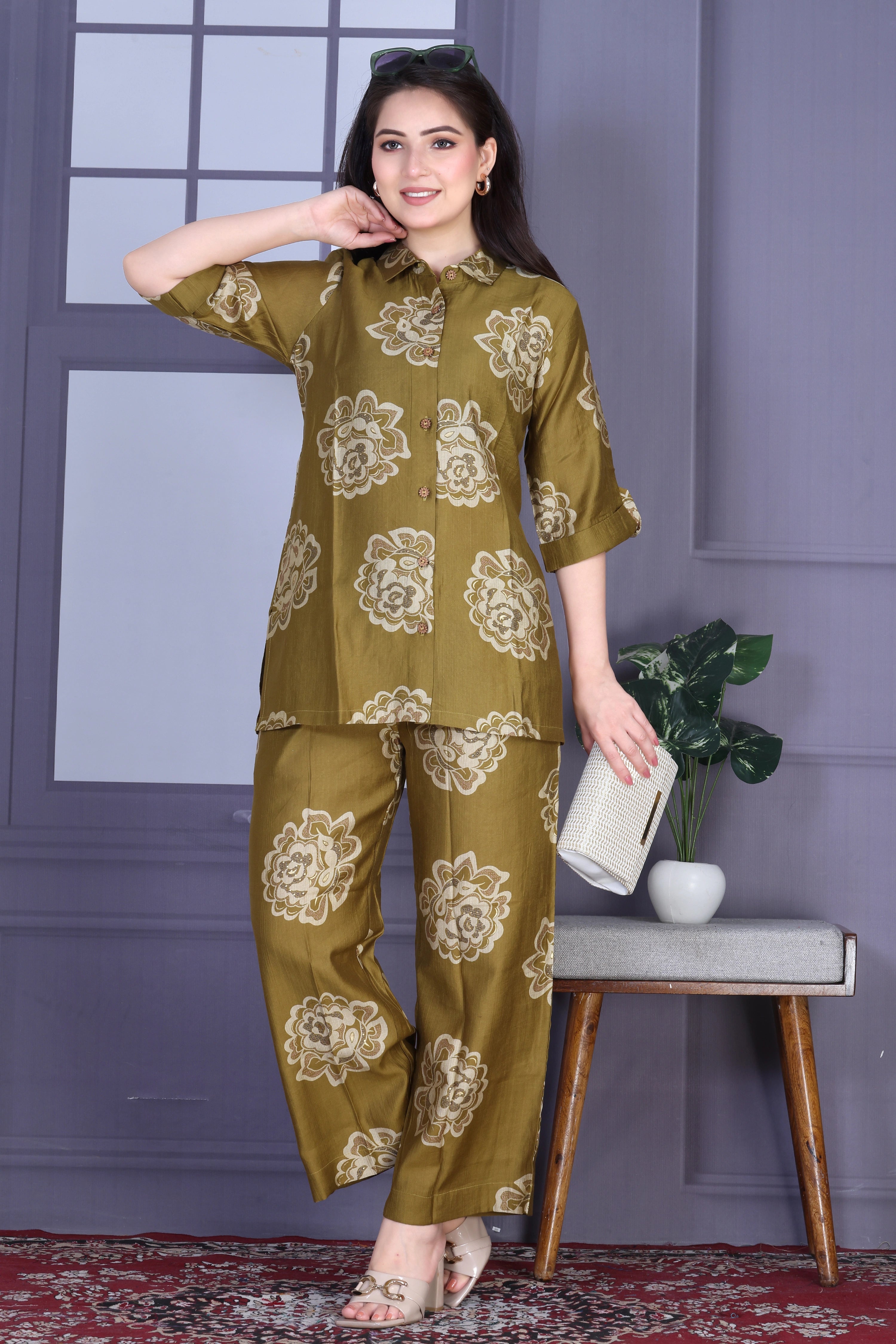 Olive Blossom Co-ord Set (Vertican Silk)