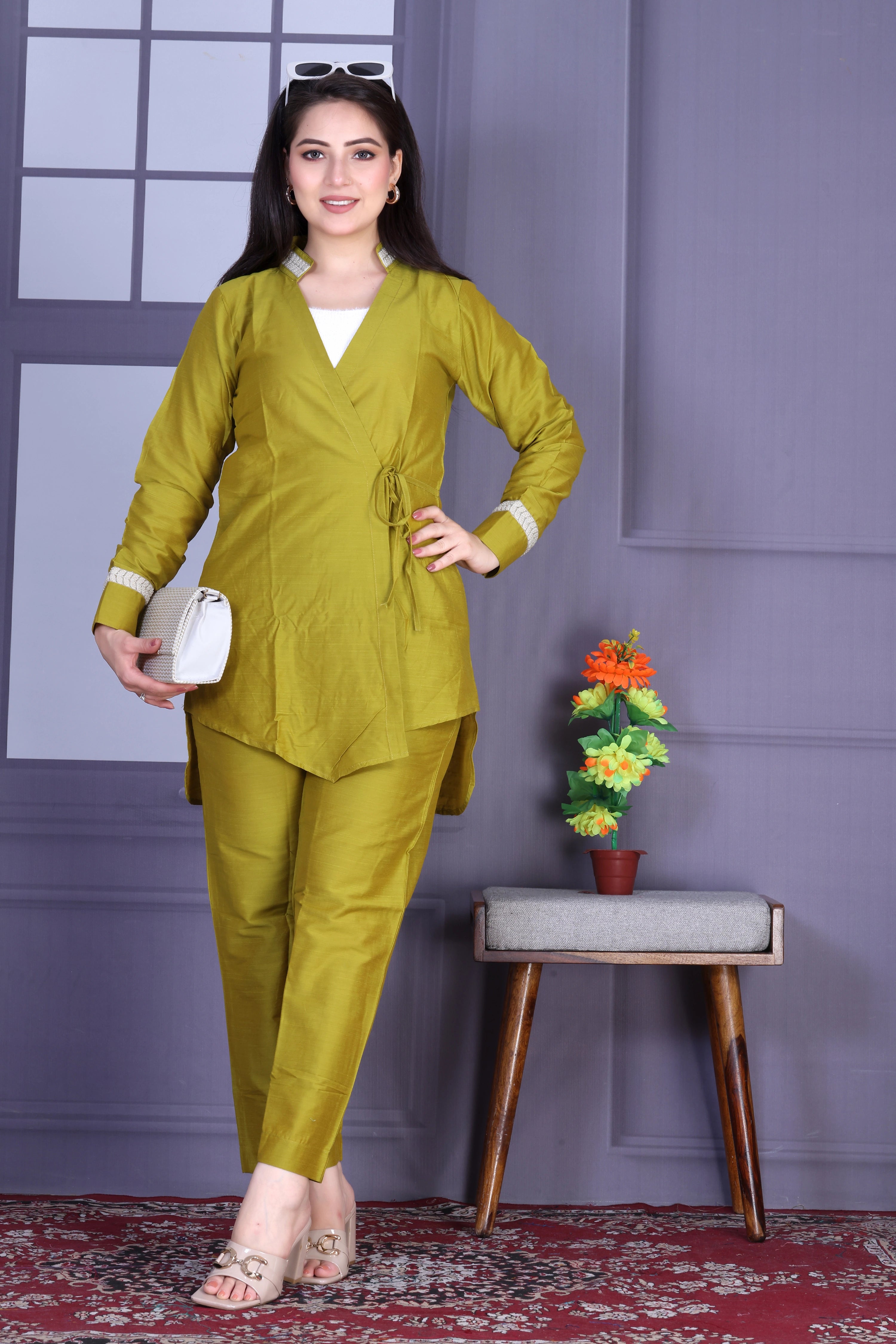 Olive Wrap Cotton Silk Co-ord Set