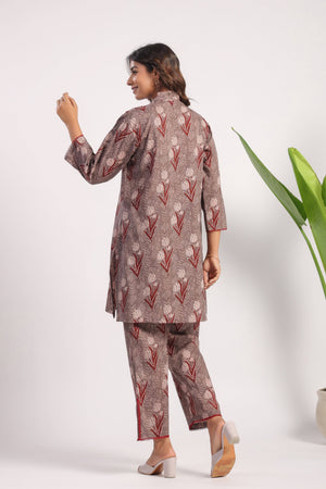 Brown cotton block printed coord set - Visramaa