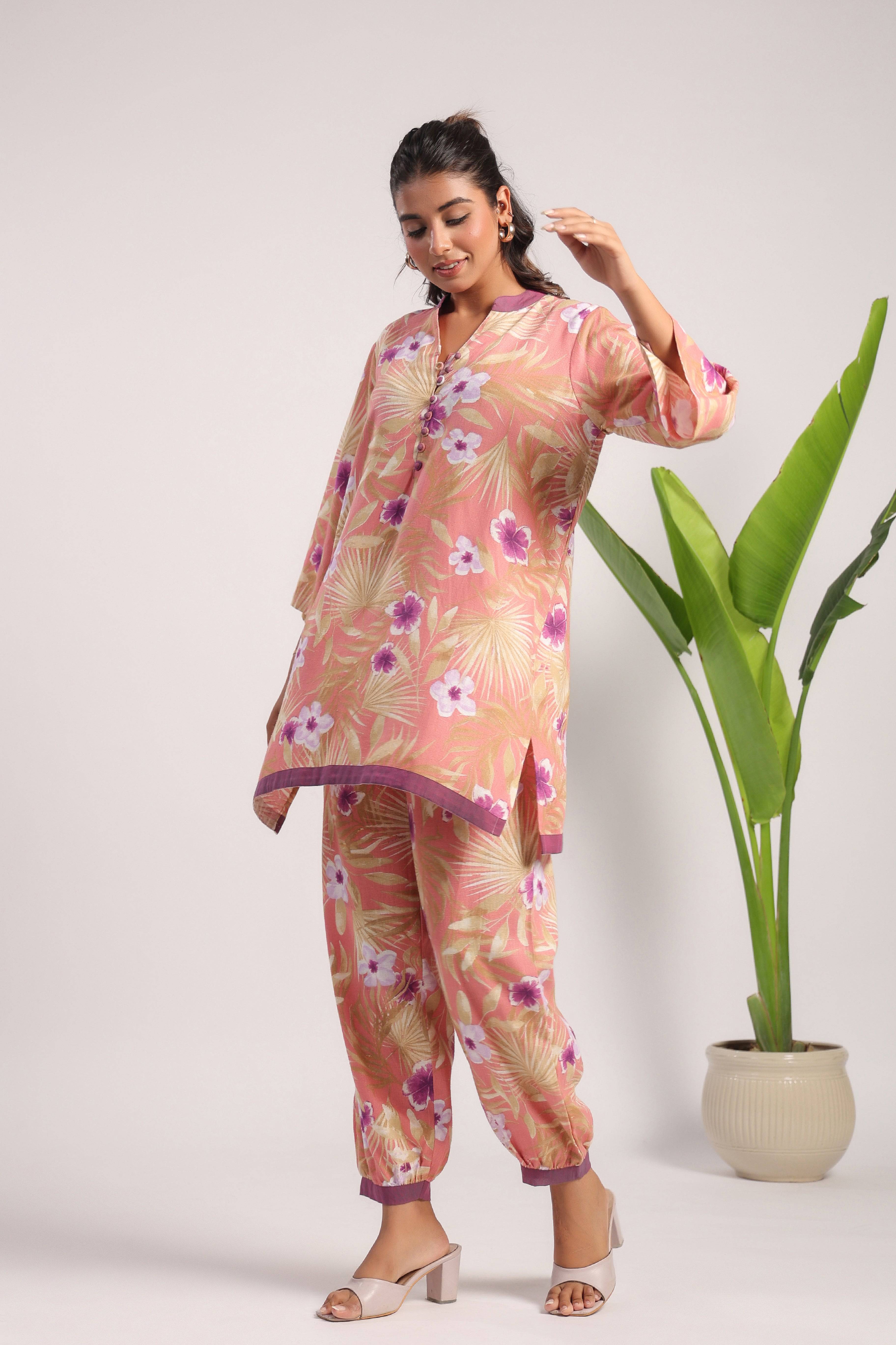 Pink floral printed linen coord set - Visramaa