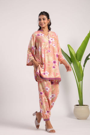 Pink floral printed linen coord set - Visramaa