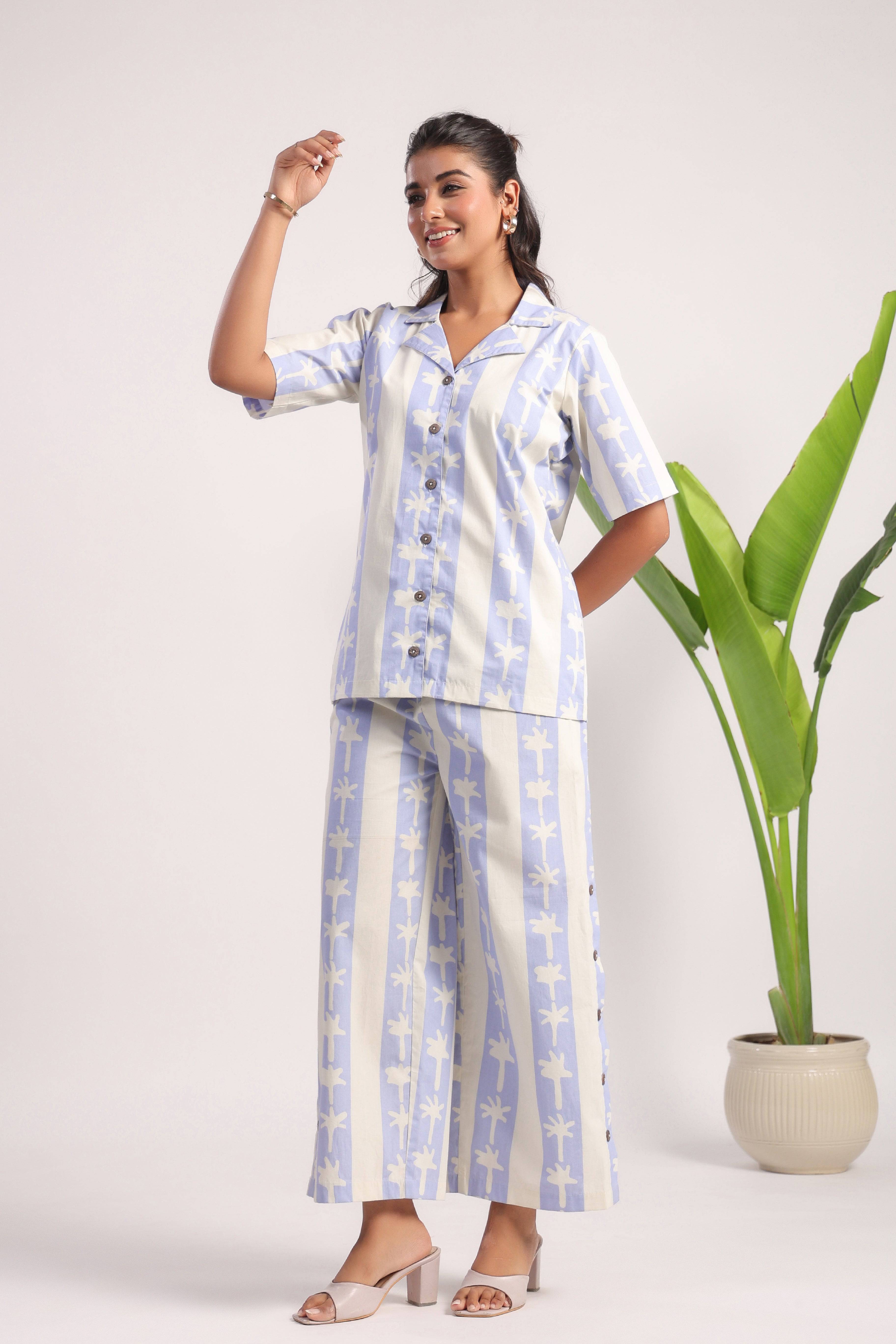 Lilac palm print cotton coord set - Visramaa