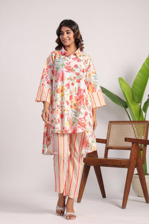 Red high low floral cotton coord set - Visramaa