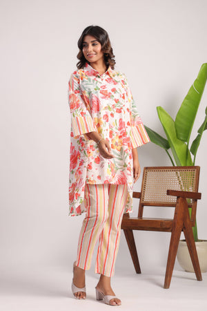 Red high low floral cotton coord set - Visramaa