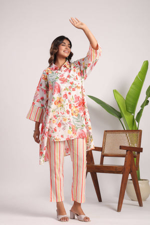 Red high low floral cotton coord set - Visramaa