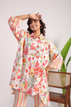 Red high low floral cotton coord set - Visramaa