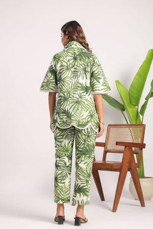 Green leafy linen cotton coord set - Visramaa