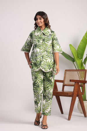 Green leafy linen cotton coord set - Visramaa