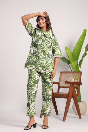Green leafy linen cotton coord set - Visramaa