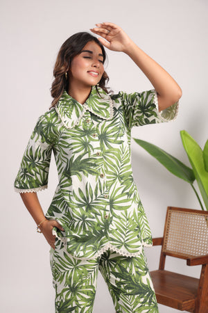 Green leafy linen cotton coord set - Visramaa