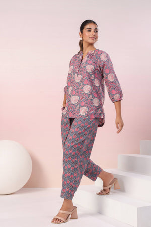 Pink floral printed cotton coord set - Visramaa