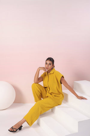 Yellow Jacquard Cotton Coord set - Visramaa