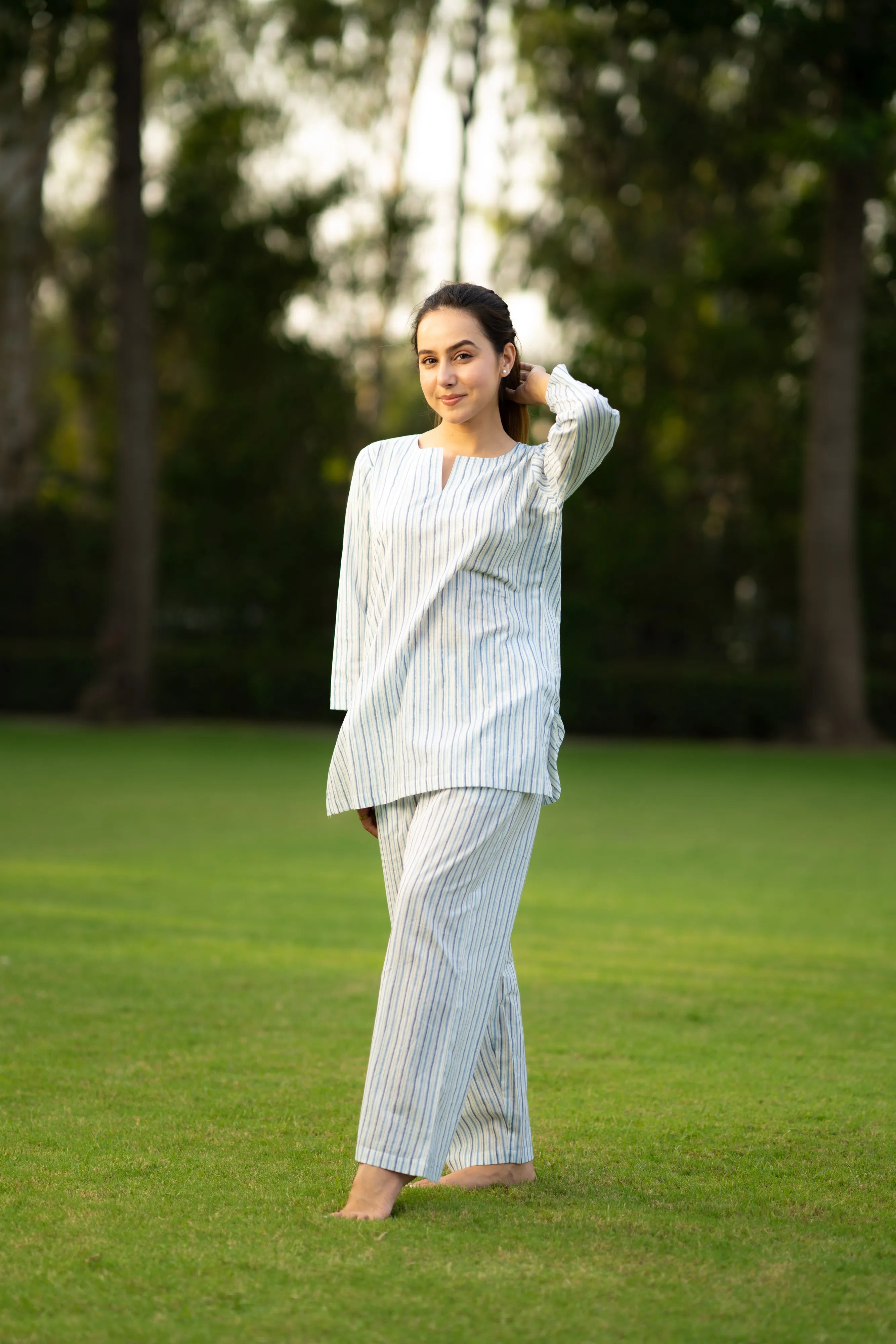 White & sky blue relaxed yoga set