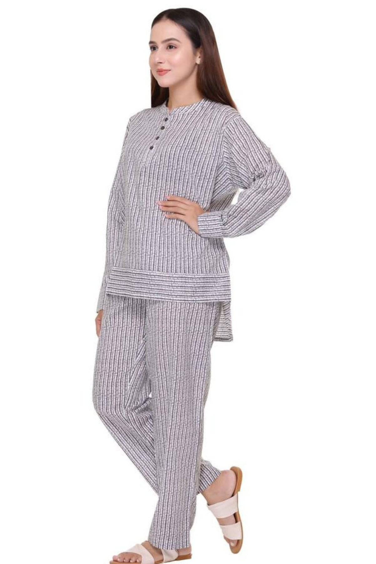 Black and Grey Stripes Night Suit - Visramaa