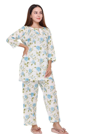 Sky Blue Flower Printed Night Suit - Visramaa