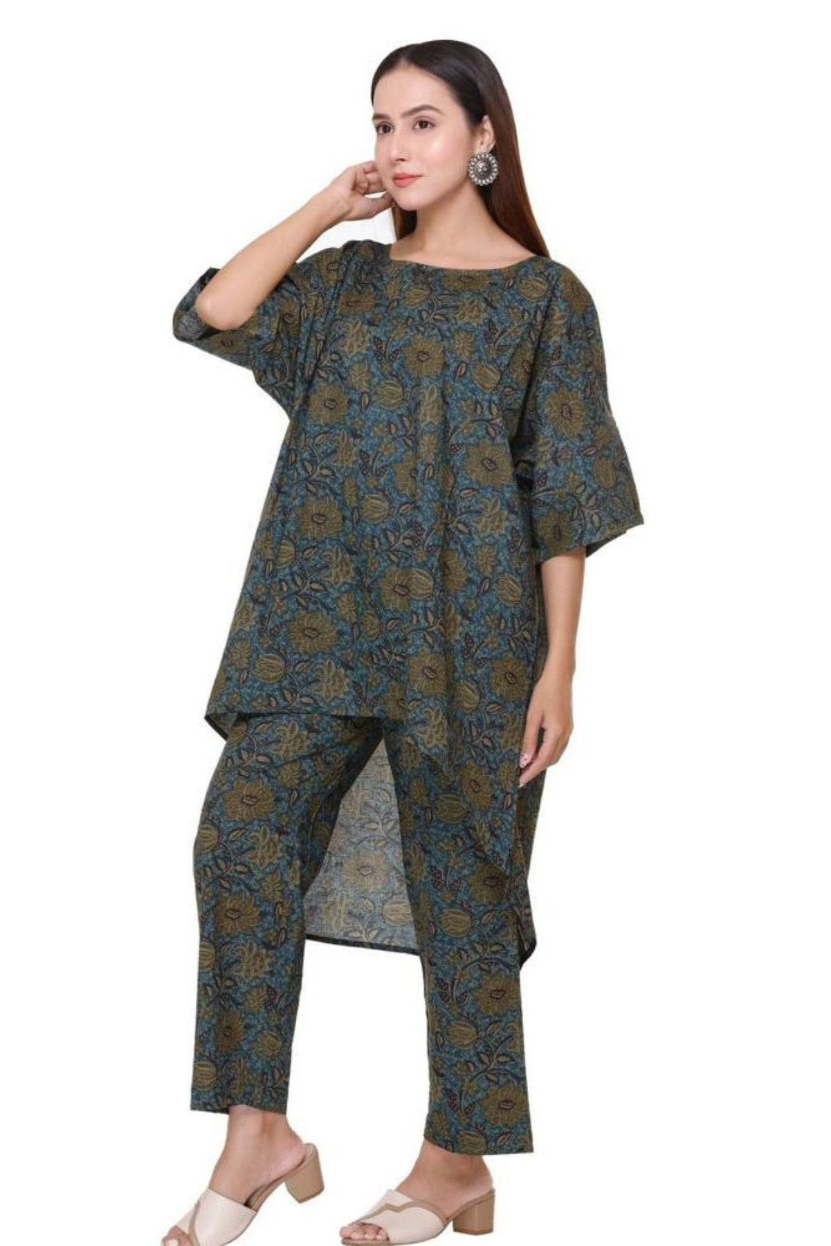 Peacock green Printed (high low) Coord Set - Visramaa