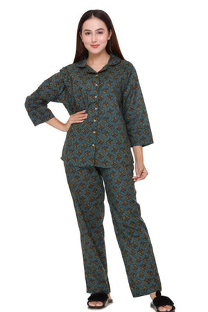 Peacock green with mustard flowers Night Suit - Visramaa