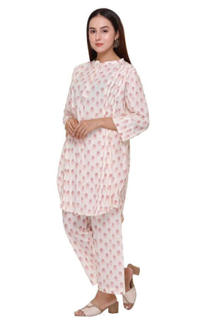 Peachy White- Paisley Print (Pleated) Coord Set - Visramaa