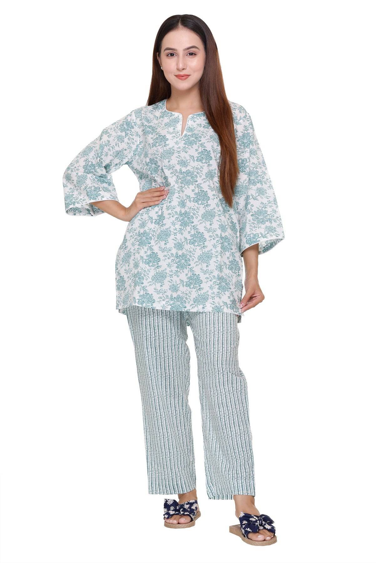 Sea Green Floral Printed Night Suit - Visramaa