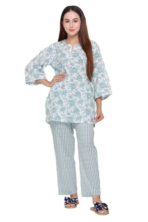 Sea Green Floral Printed Night Suit - Visramaa