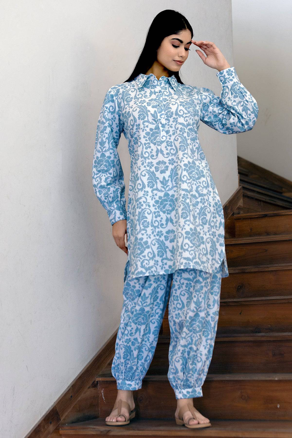 Blue Floral Print Cotton Linen Coord Set - Visramaa