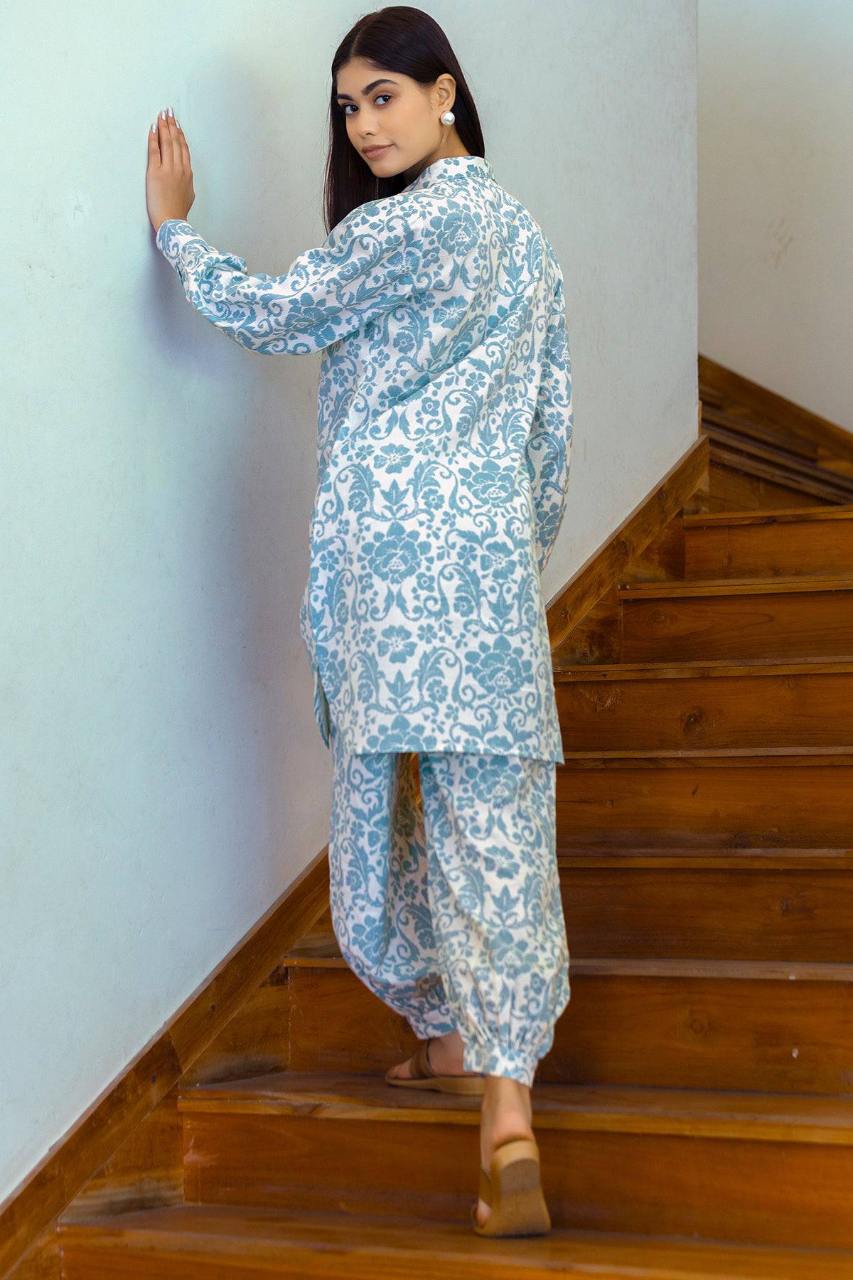 Blue Floral Print Cotton Linen Coord Set - Visramaa