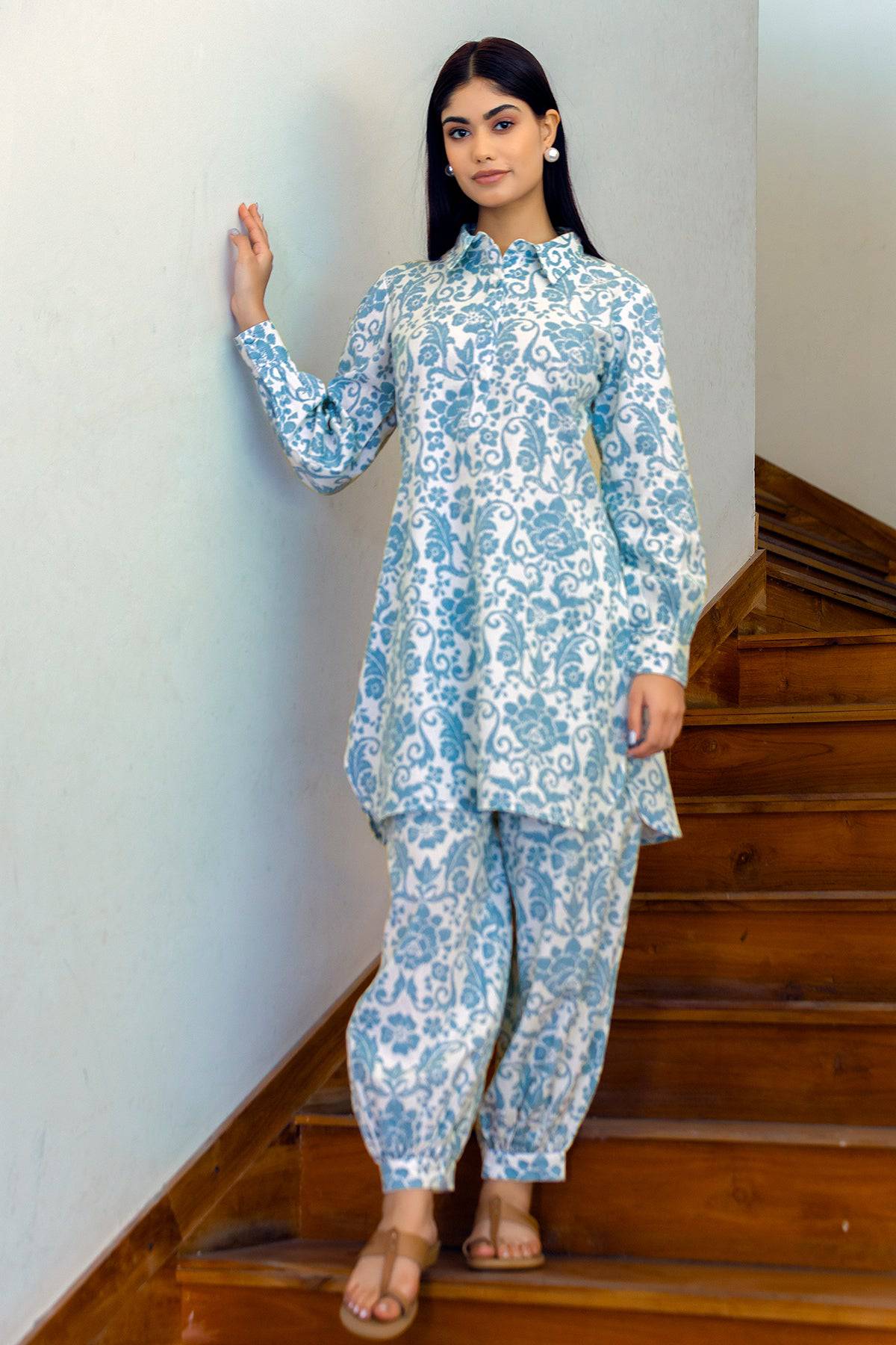 Blue Floral Print Cotton Linen Coord Set - Visramaa