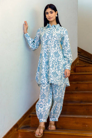 Blue Floral Print Cotton Linen Coord Set - Visramaa