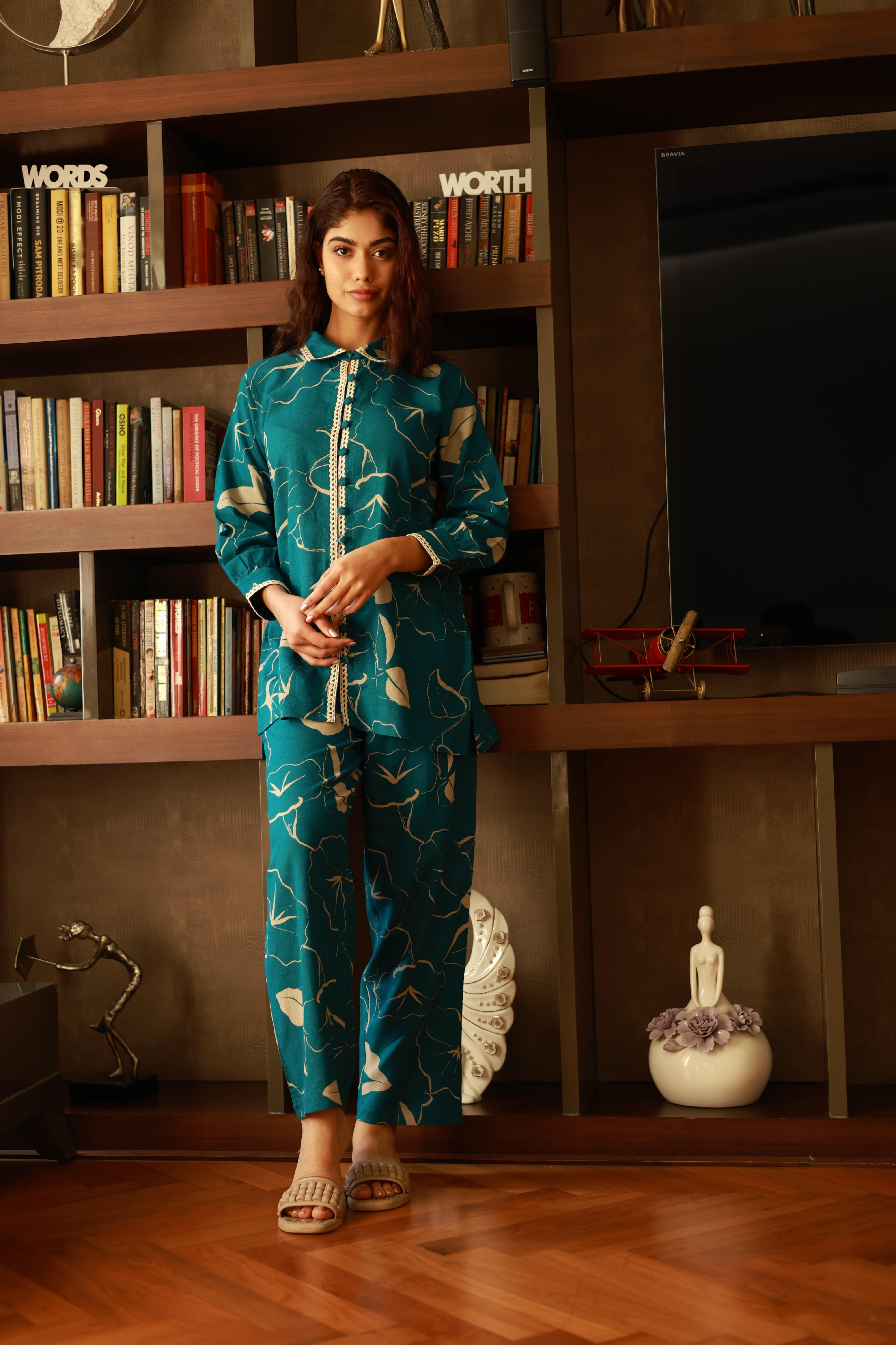 Peacock Blue abstract Print Coord Set - Visramaa