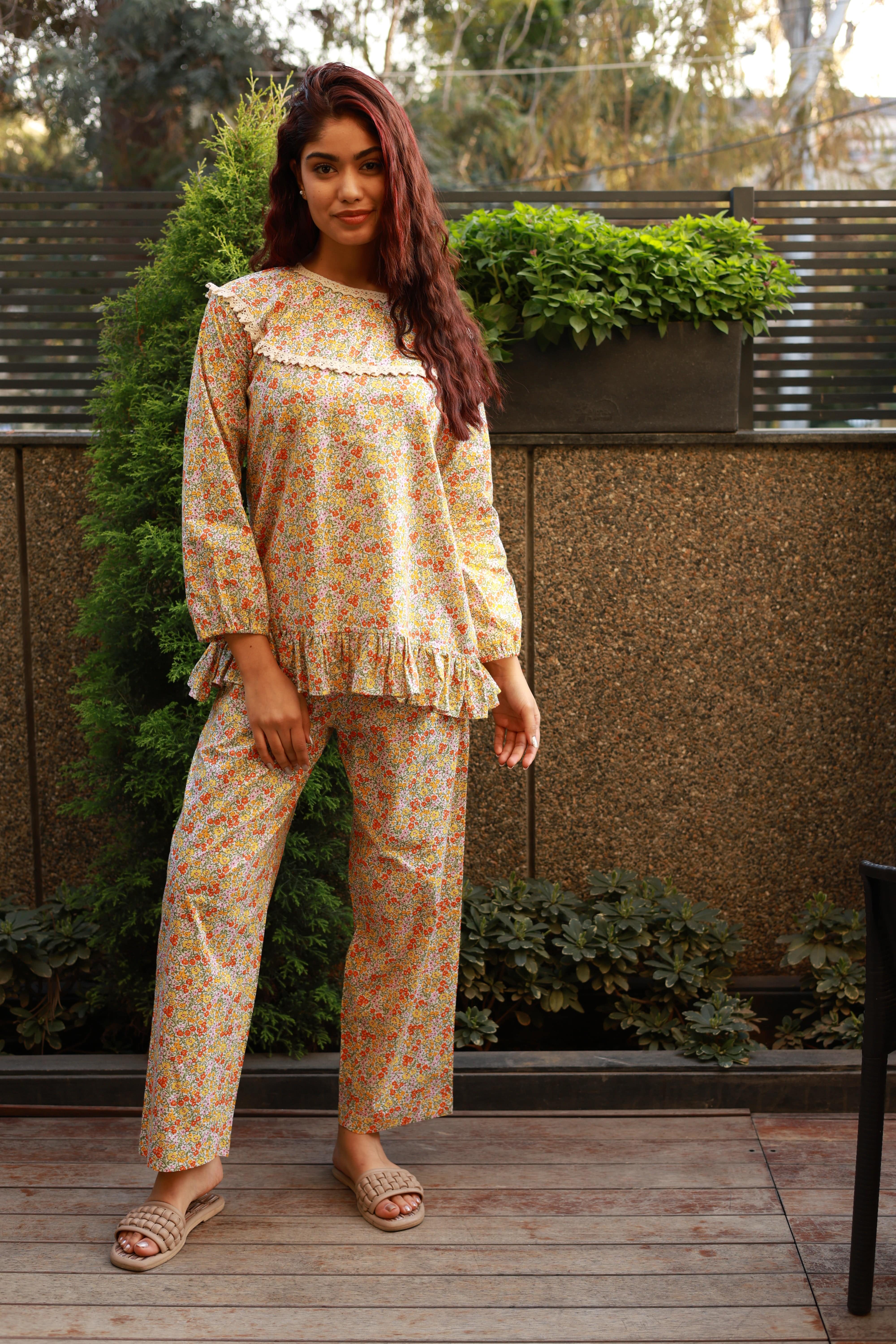 Fine Floral Print Frill Night Suit - Visramaa